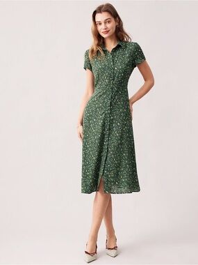 RIHOAS Dark Green Floral Button-Down Midi Dress